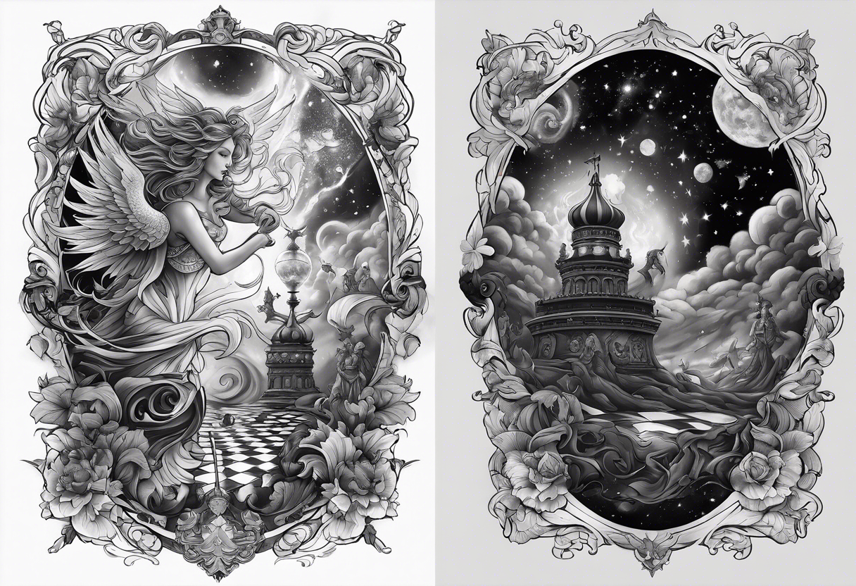 Create a large-scale tattoo featuring an epic cosmic battle scene with angels and demons engaged in a chess match amidst swirling galaxies and celestial elements. tattoo idea