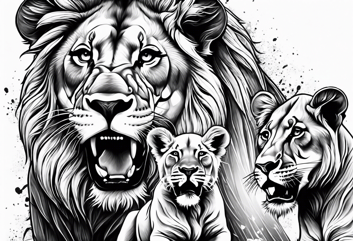 Fierce lioness on her hind legs in a fighting stance  Protecting her two cubs rib tattoo design tattoo idea