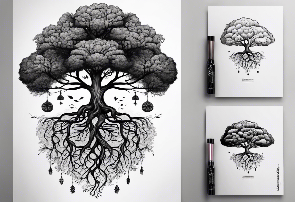 a small tree with its roots morphing into the shape of a brain tattoo idea