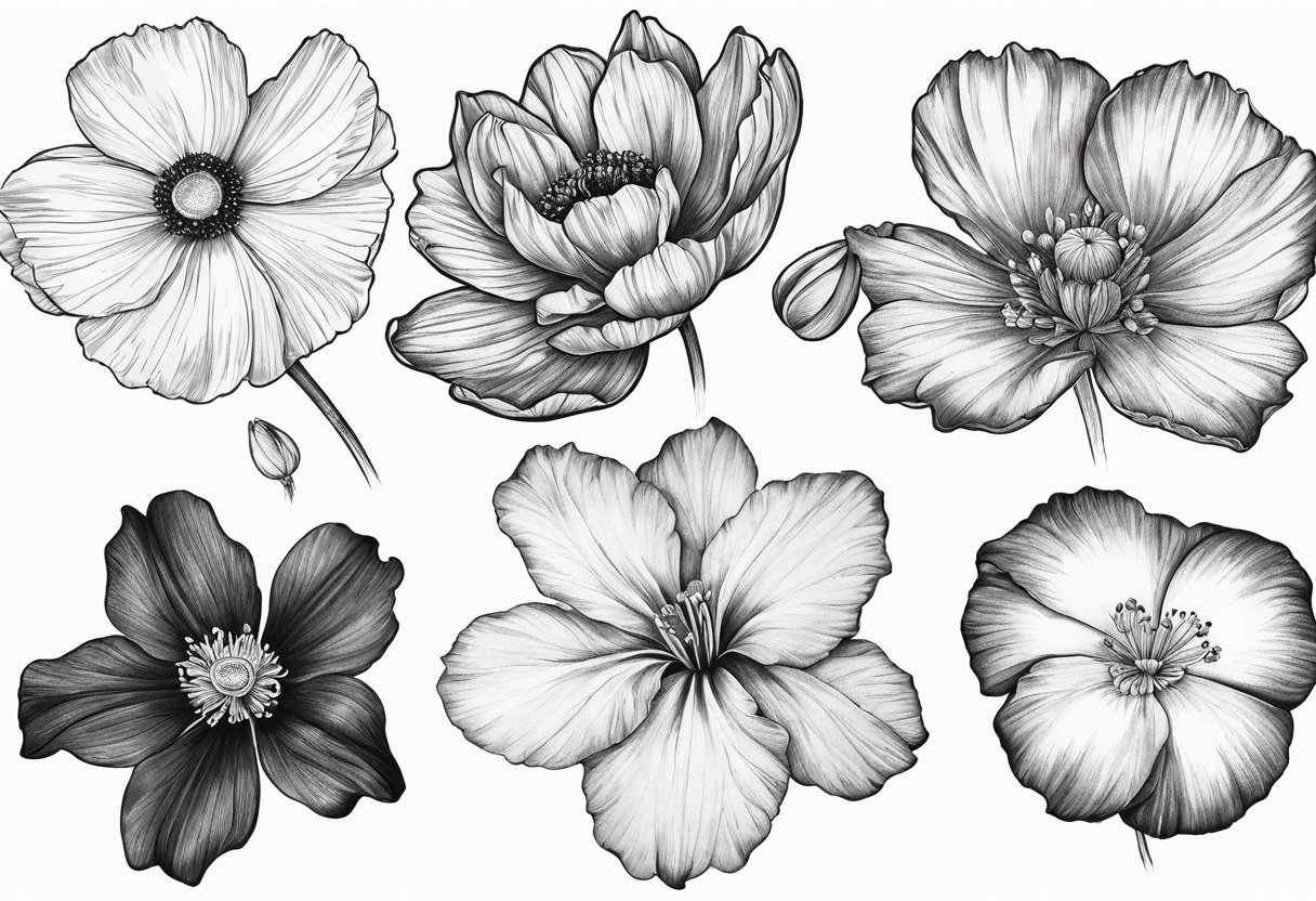 1 cosmos flower, 1 iris, 1 larkspur, 1 daisy, 1 poppy tattoo idea