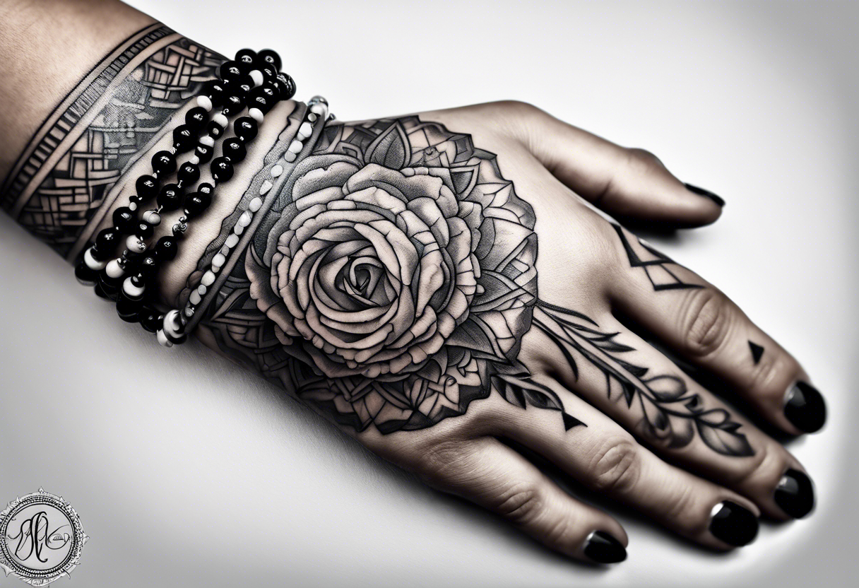 Rosary tattoo located on the wrist.