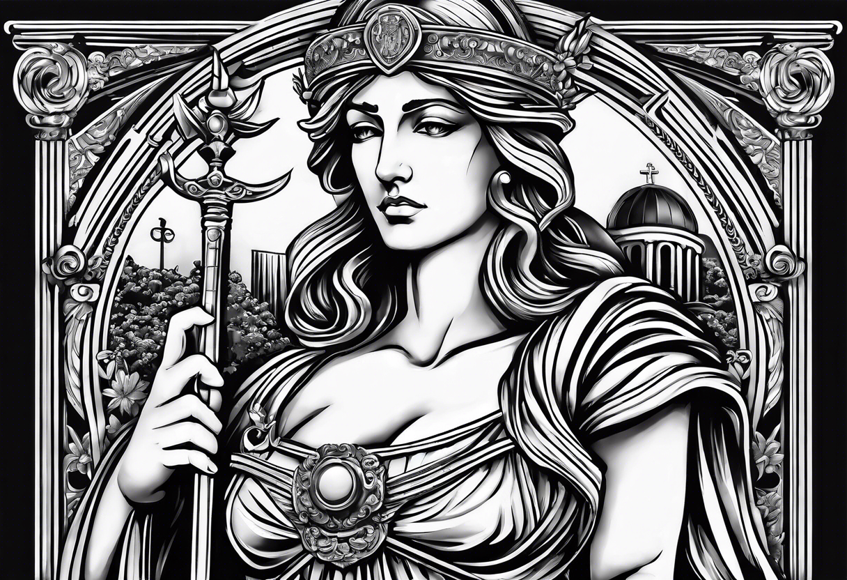 Themis (Greek Goddess of Justice), cutting her eyes with her sword. It is necessary to convey an atmosphere of greed and power. tattoo idea