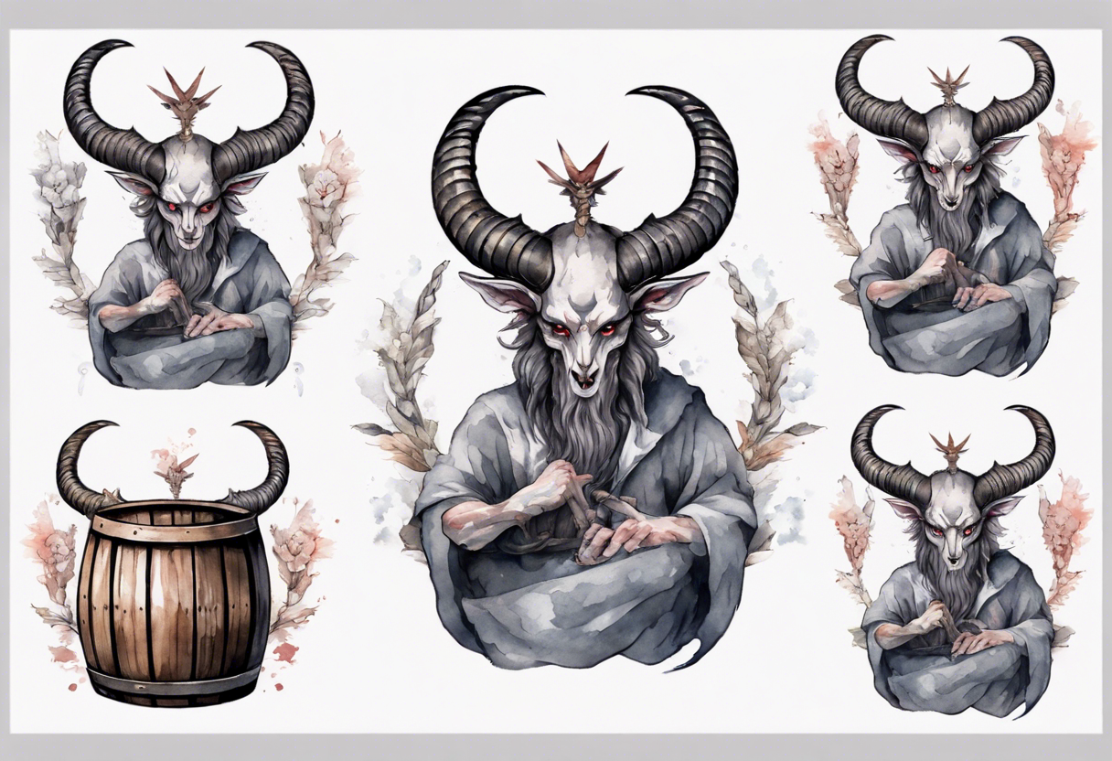 a barrel-chested Baphomet wearing a grey tunic tattoo idea