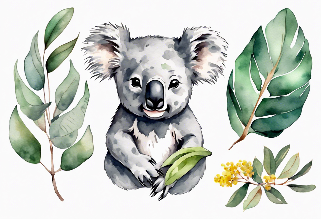 A koala with eucalyptus leaves and wattle leaves tattoo idea