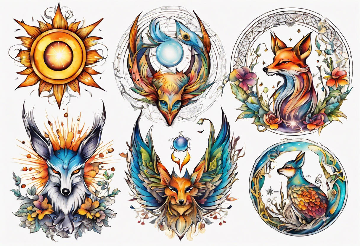 fisch, fuchs und eule , symetrie  sonne, universum, bunt, " sapere aude" tattoo idea