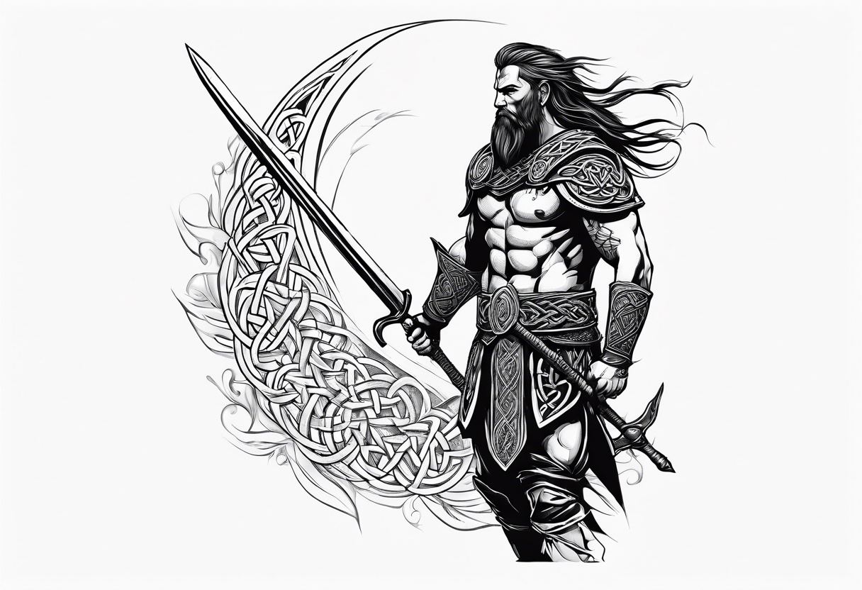 Full body side profile shot of a Celtic warrior with weapons, facing from left to right tattoo idea