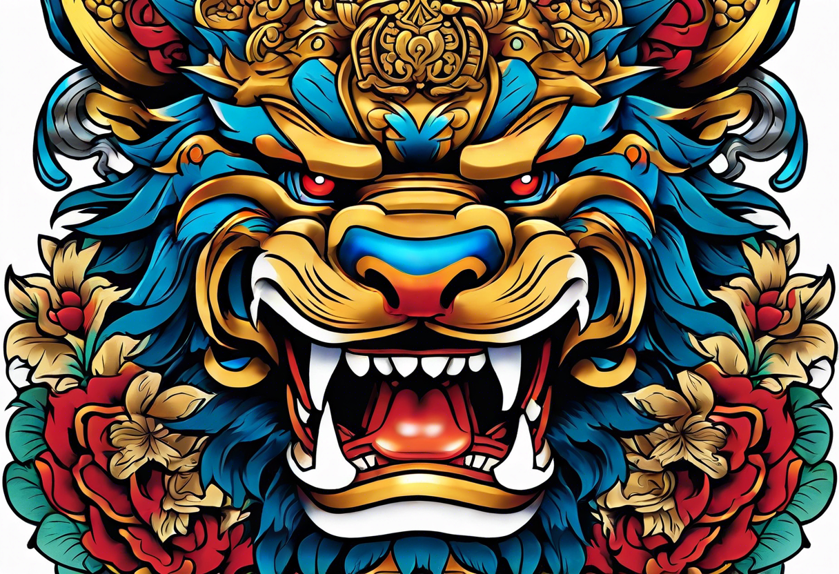 Two Traditional full body, Okinawa shisa on either side of chest pectoral. Orginal color tattoo idea