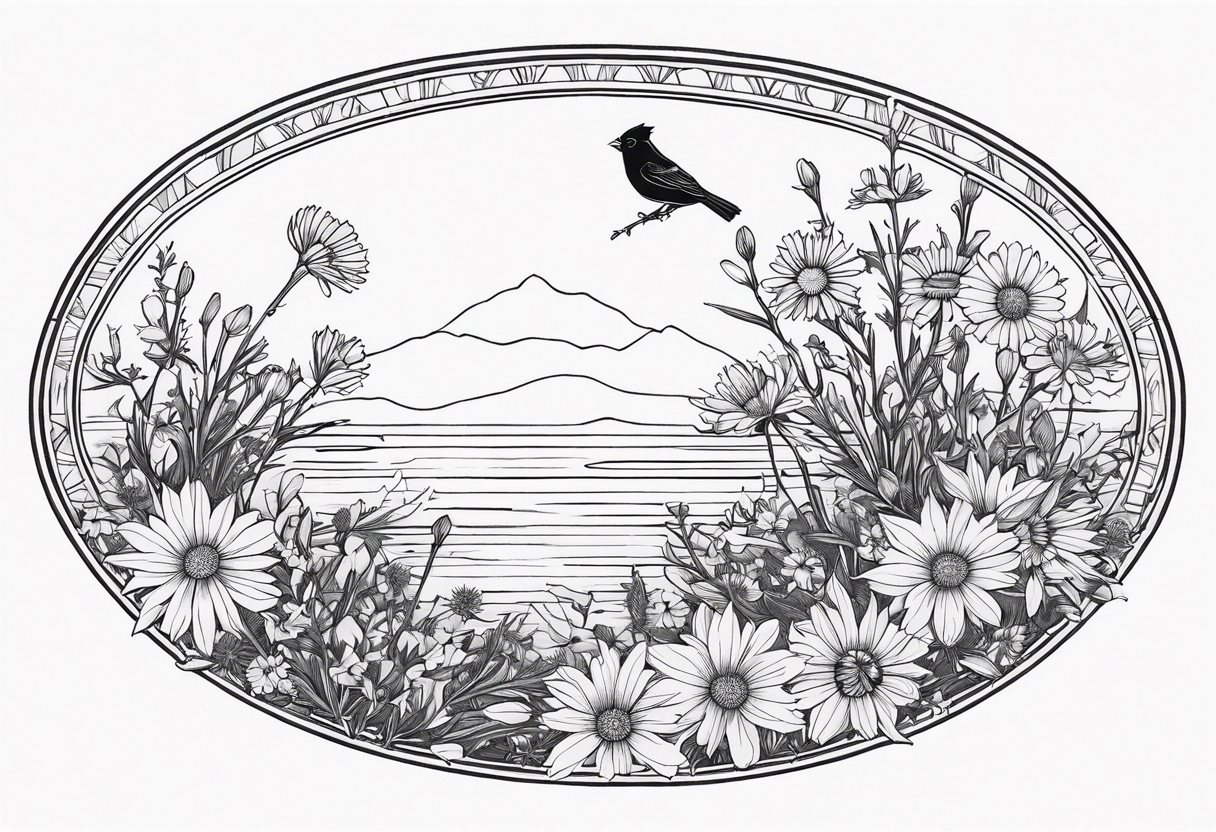 Oval shape with sea rocket and aster flowers with a small cardinal room in the center for a signature less ornate make the cardinal smaller and leave the center empty tattoo idea