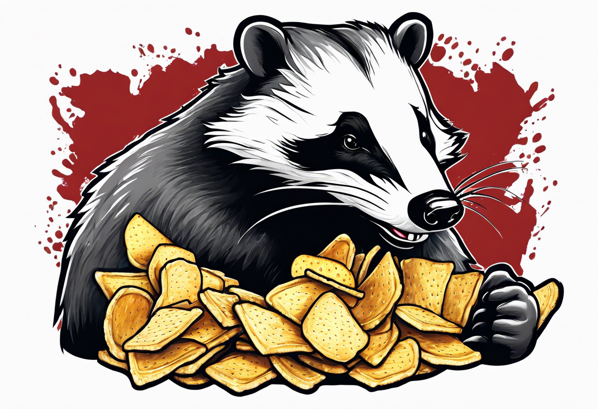 Angry badger with mouth open holding bag of chips tattoo idea