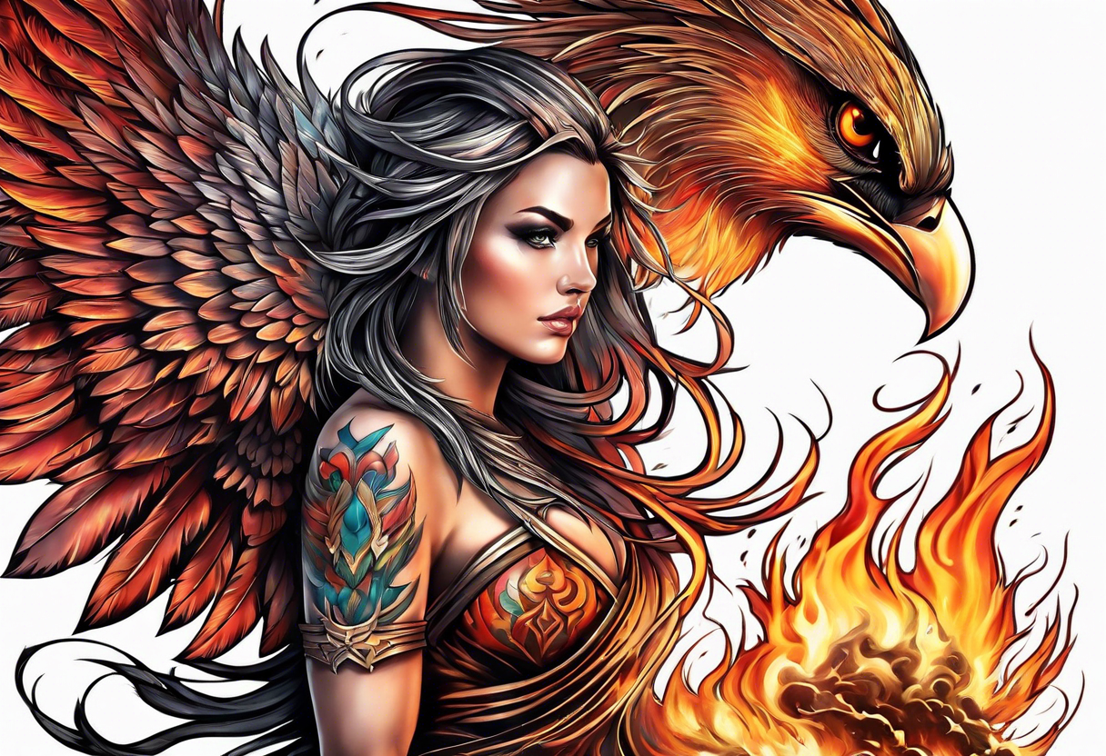 phoenix scarred warrior with weapons burning tattoo idea