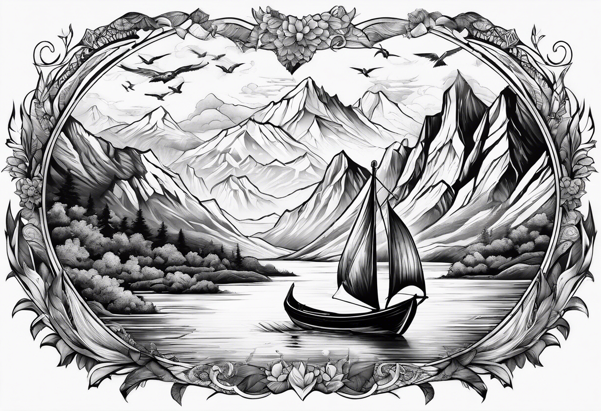 Mountains with Thor and his boat pulled by goats flying over them tattoo idea