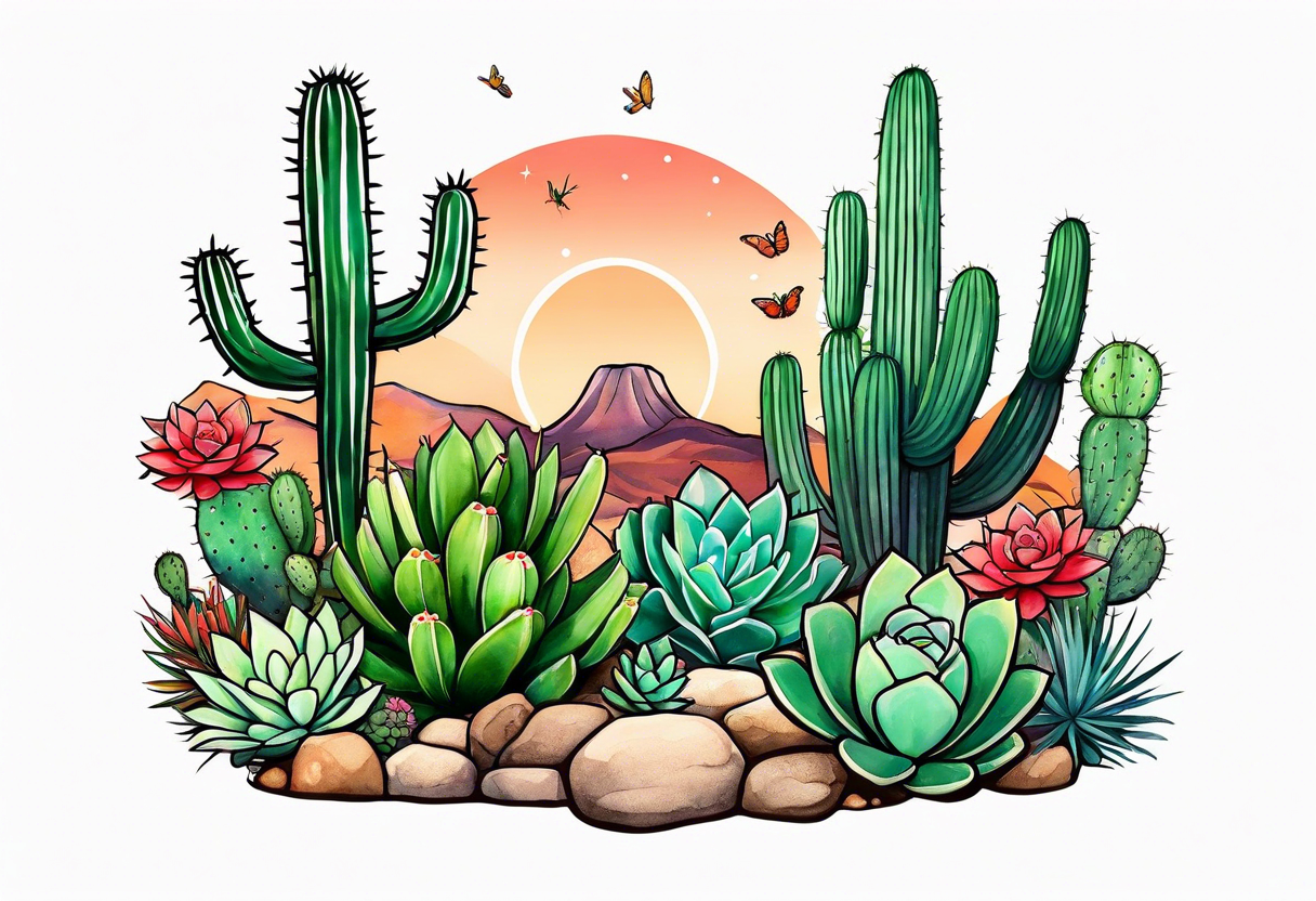 Modern Mexican style desert garden with cactus and small succulents add tiny moth flying tattoo idea