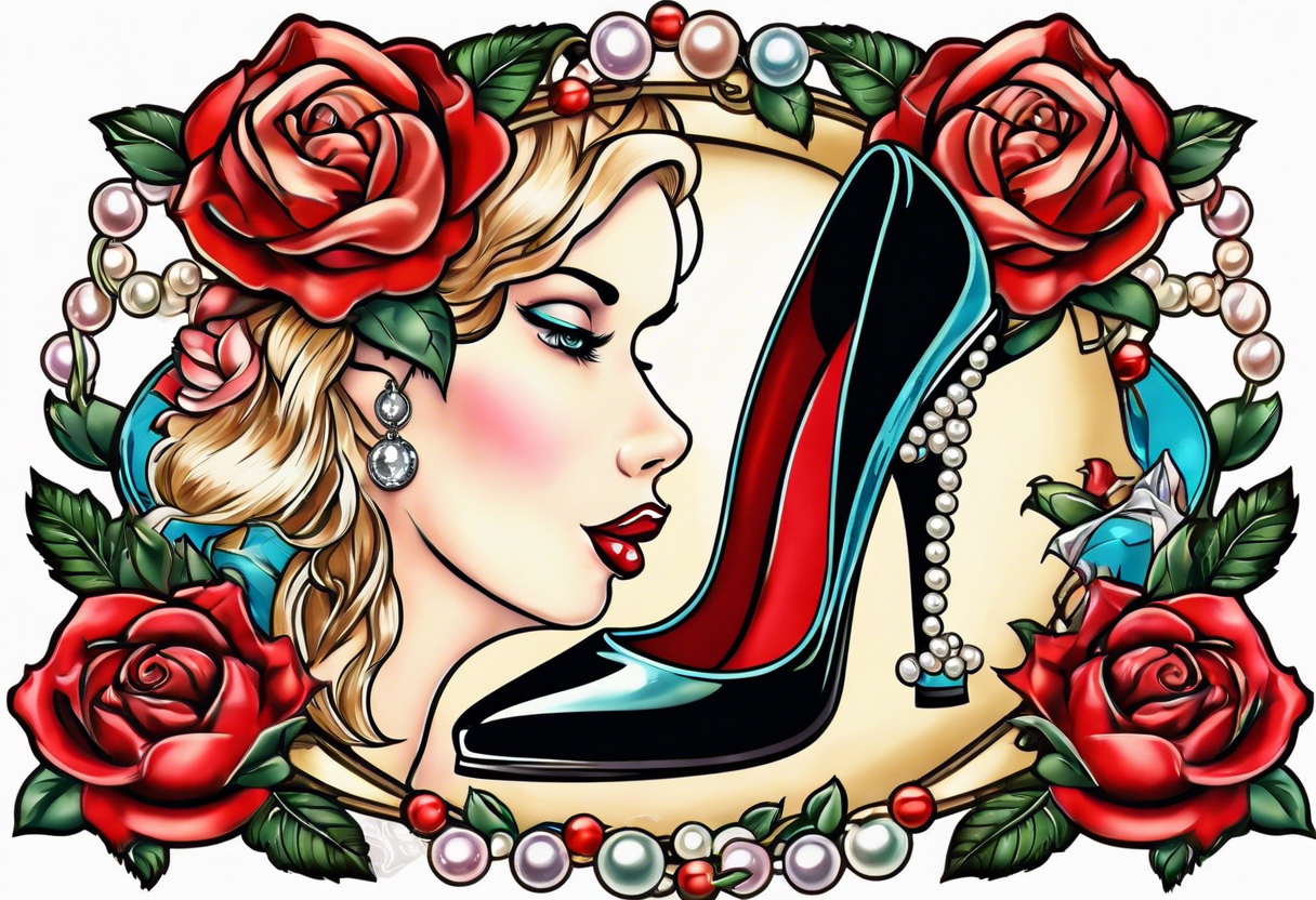 Pearl necklace wrapped around 1950s pinup pumps with roses surrounding tattoo idea