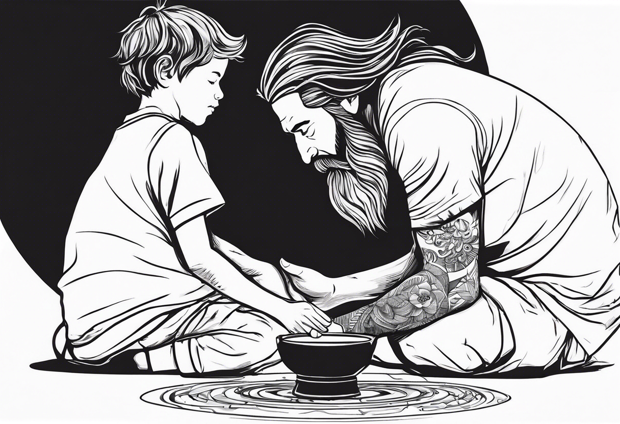 mindful father with long hair and a beard performing transition ritual with young boy tattoo idea