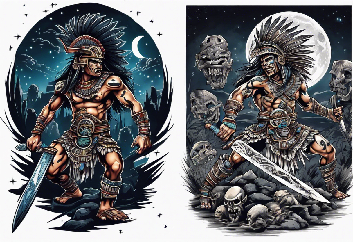 Aztec warrior with an obsidian sword fighting against goblins at night with moonlight skies tattoo idea