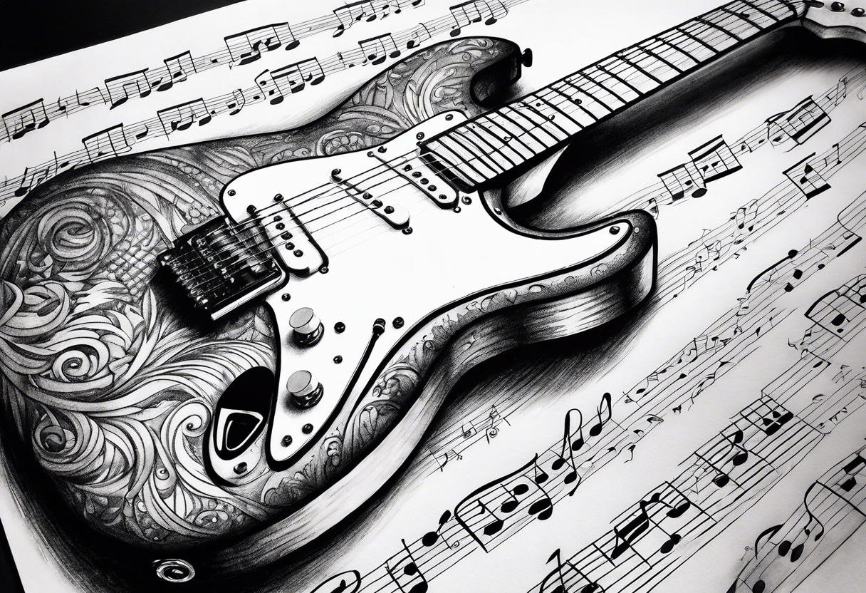 Electric guitar fading into sheet music tattoo idea