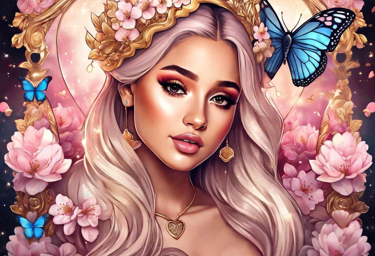 Ariana Grande with blonde hair surrounded in a golden aura with white butterflies and cherry blossoms holding a key that unlocks a heart tattoo idea