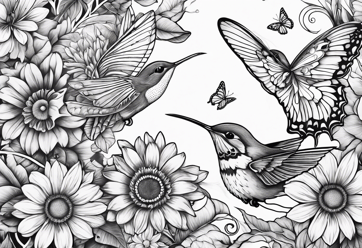 Sundlower and butterflies and humming birds tattoo idea