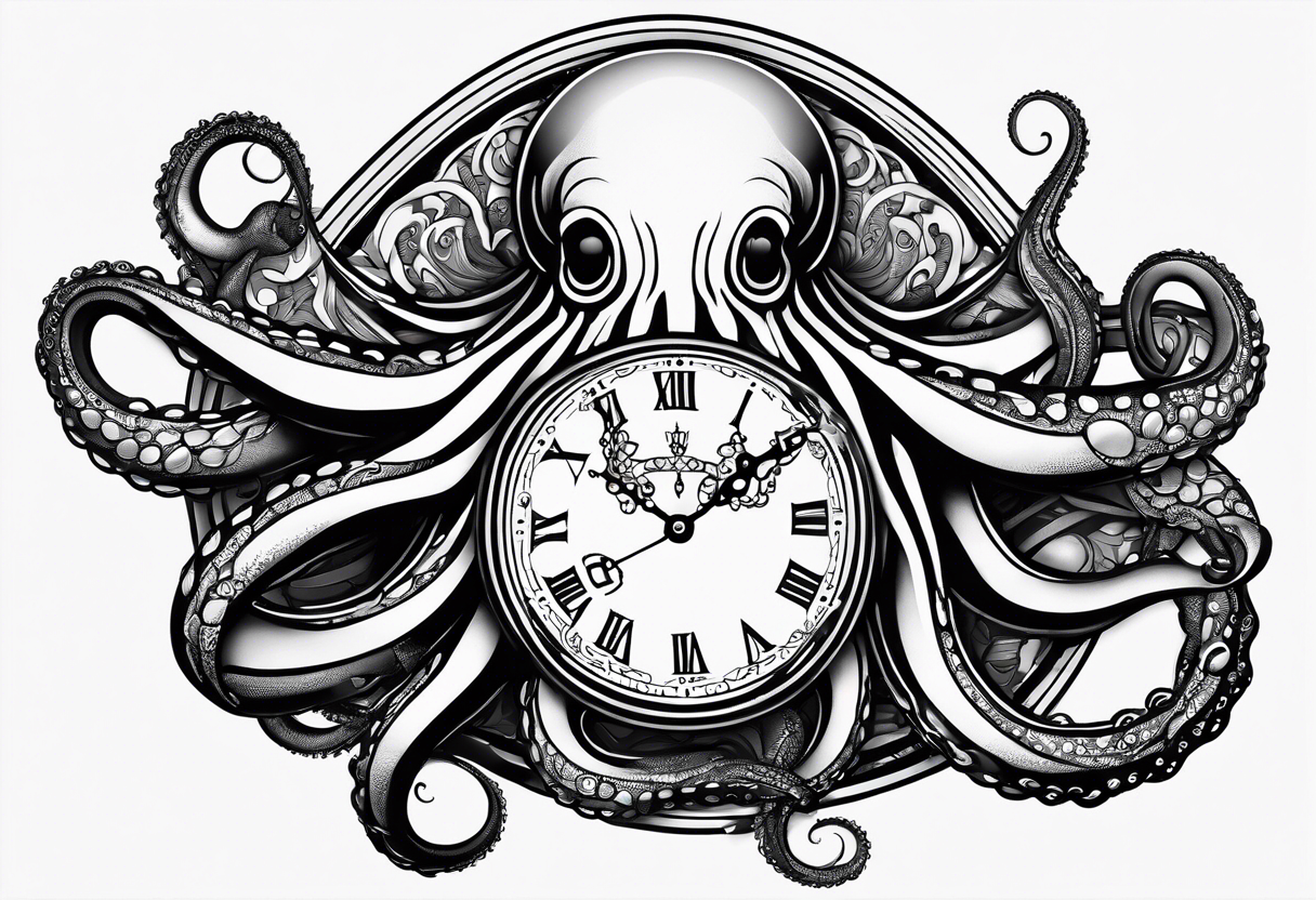 pocket watch wrapped under an aggressive octopus, 3/4 perspective tattoo idea