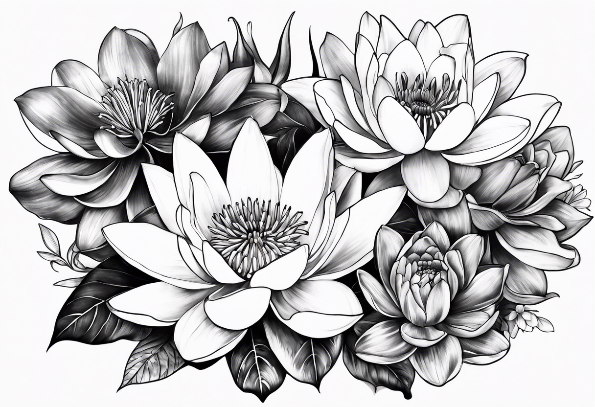 Water lilies and larkspur bouquet tattoo idea