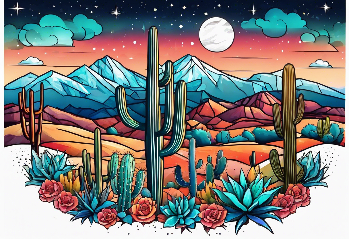 Galaxy sky with Arizona landscape with cactus tattoo idea