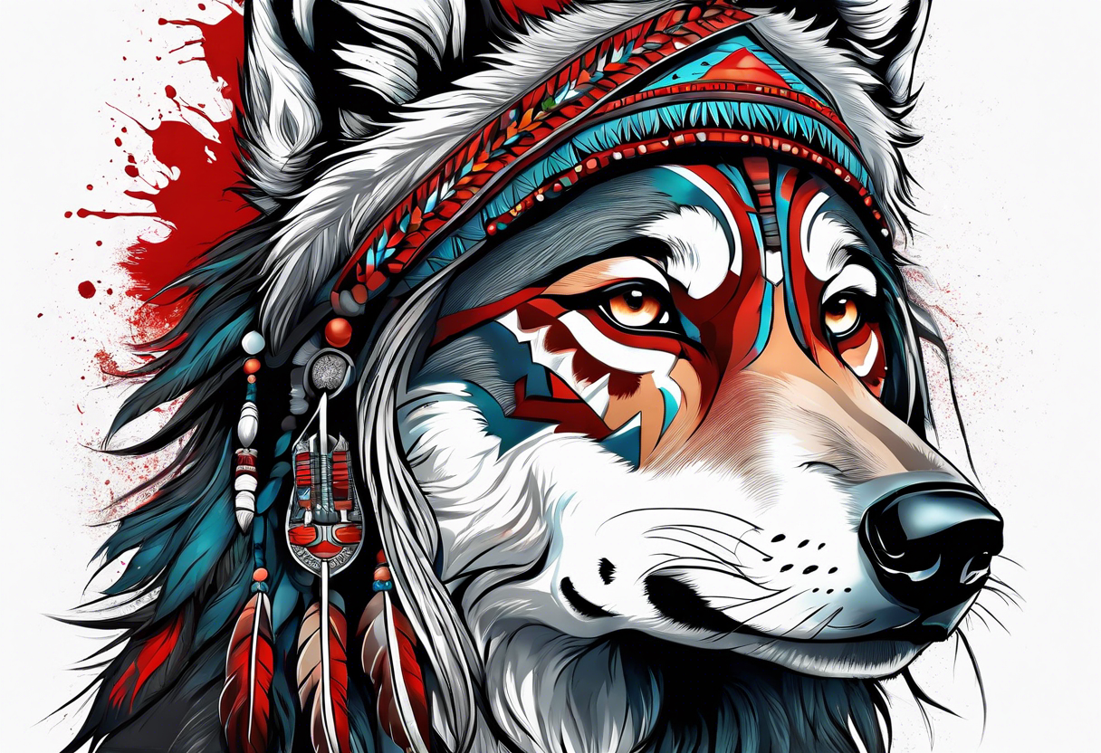 dark organic line artwork, photo realistic woman, native american, wolf, blood tattoo idea