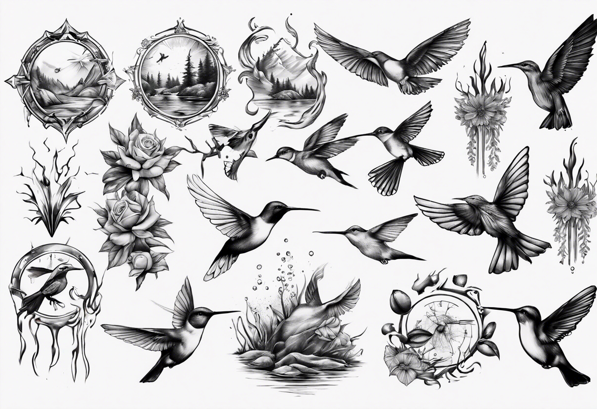 Wasser, Nymphe, Fisch, Hirsch, Wald, Waffe, Sonne, Kolibri tattoo idea