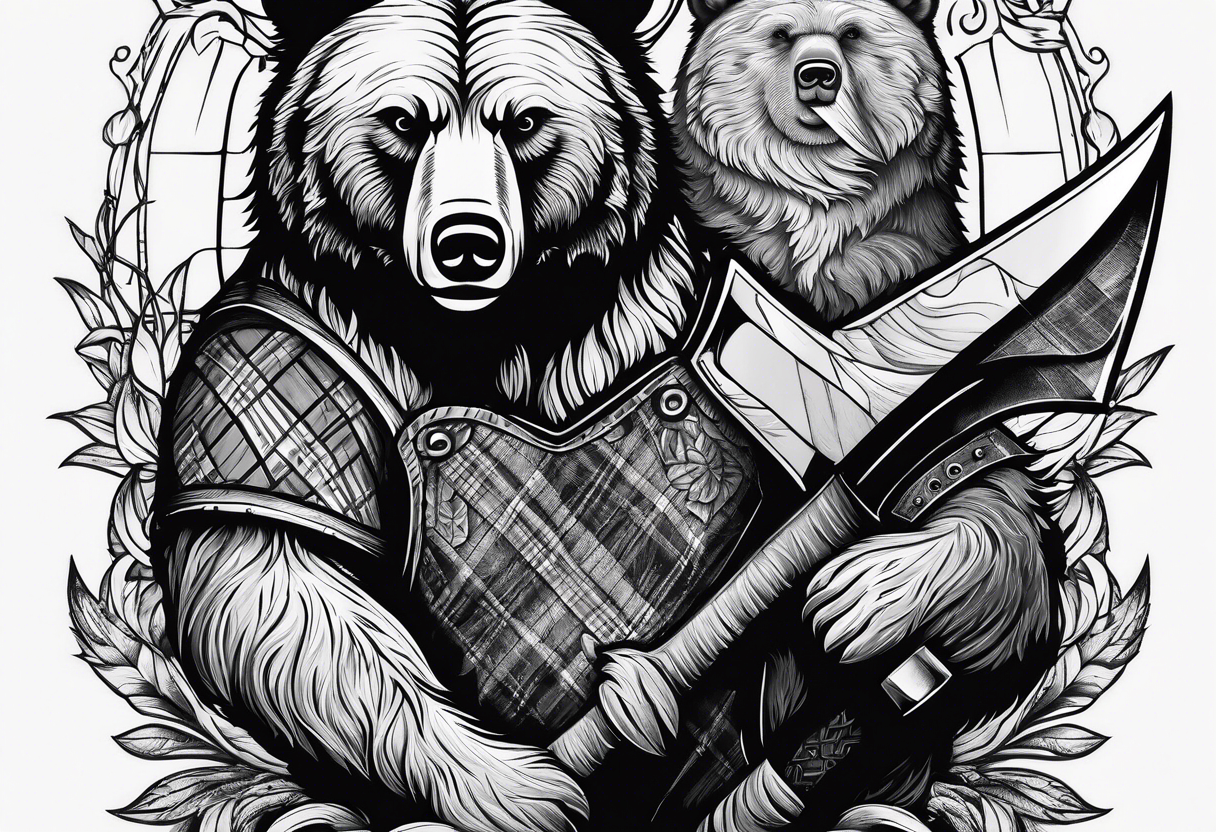 Vertically split half teddy bear and half grizzly bear holding a wooden axe tattoo idea