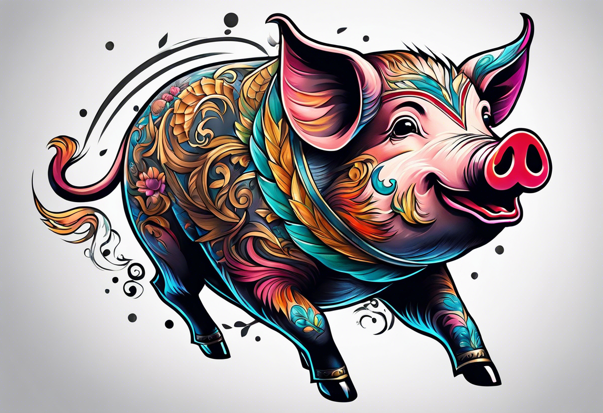 pig flying away from giant eagle tattoo idea