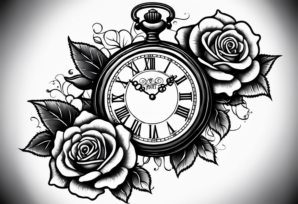 Pocket watch with train and roses tattoo idea