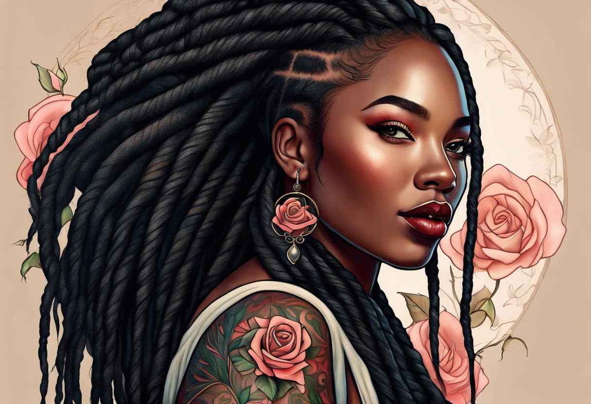 beautiful thick black women with long straight dreadlocks, holding a beautiful single rose,, pastel, old school traditional style, ethereal tattoo idea