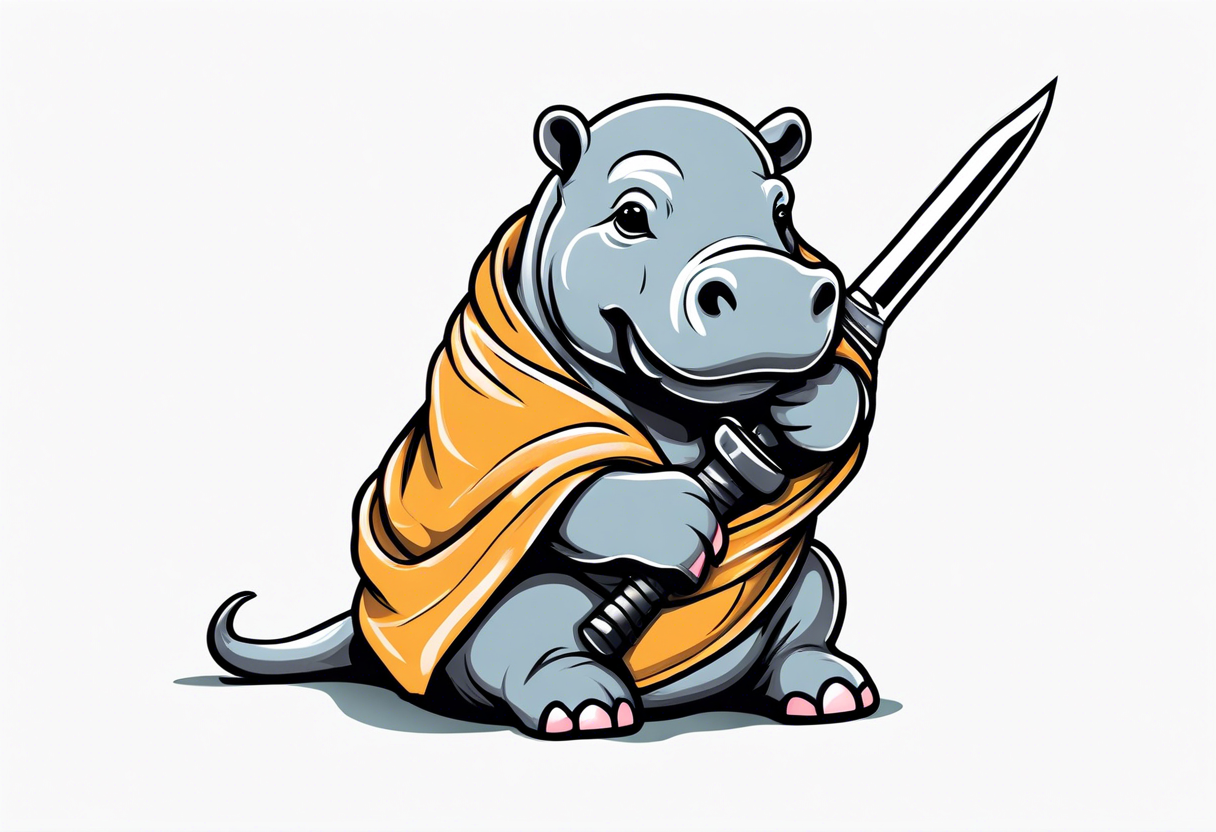 Baby hippo in a swaddle holding a weapon tattoo idea