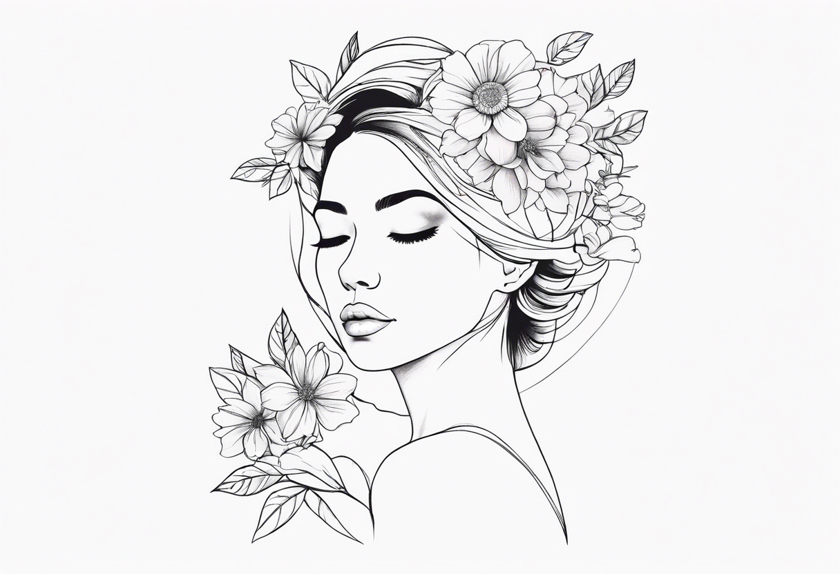 fine line tattoo with woman facing forward flowers covering her eyes and forehead with flowers growing out of her head tattoo idea