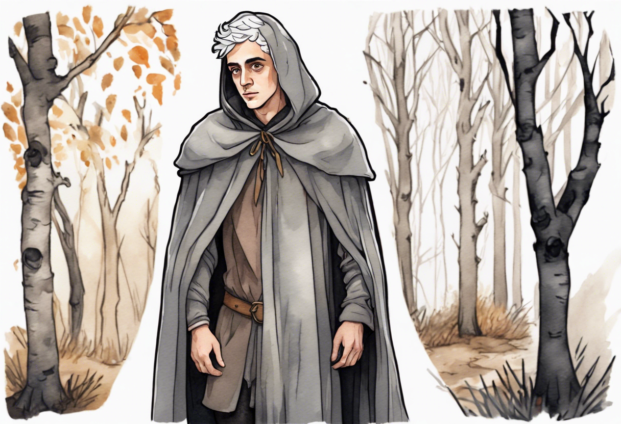 a sad Tan France wearing a grey medieval cloak standing in a birch forest tattoo idea