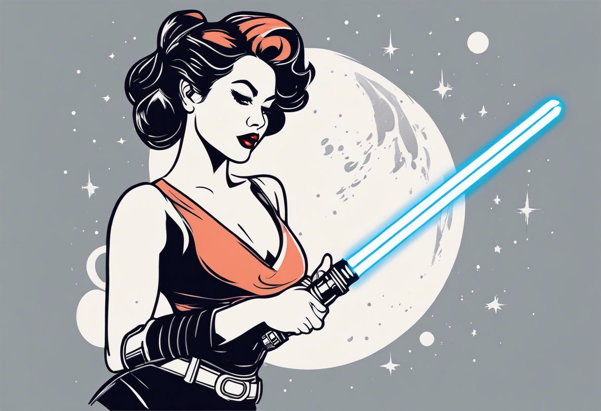 Pinup woman holding light saber in space tattoo idea