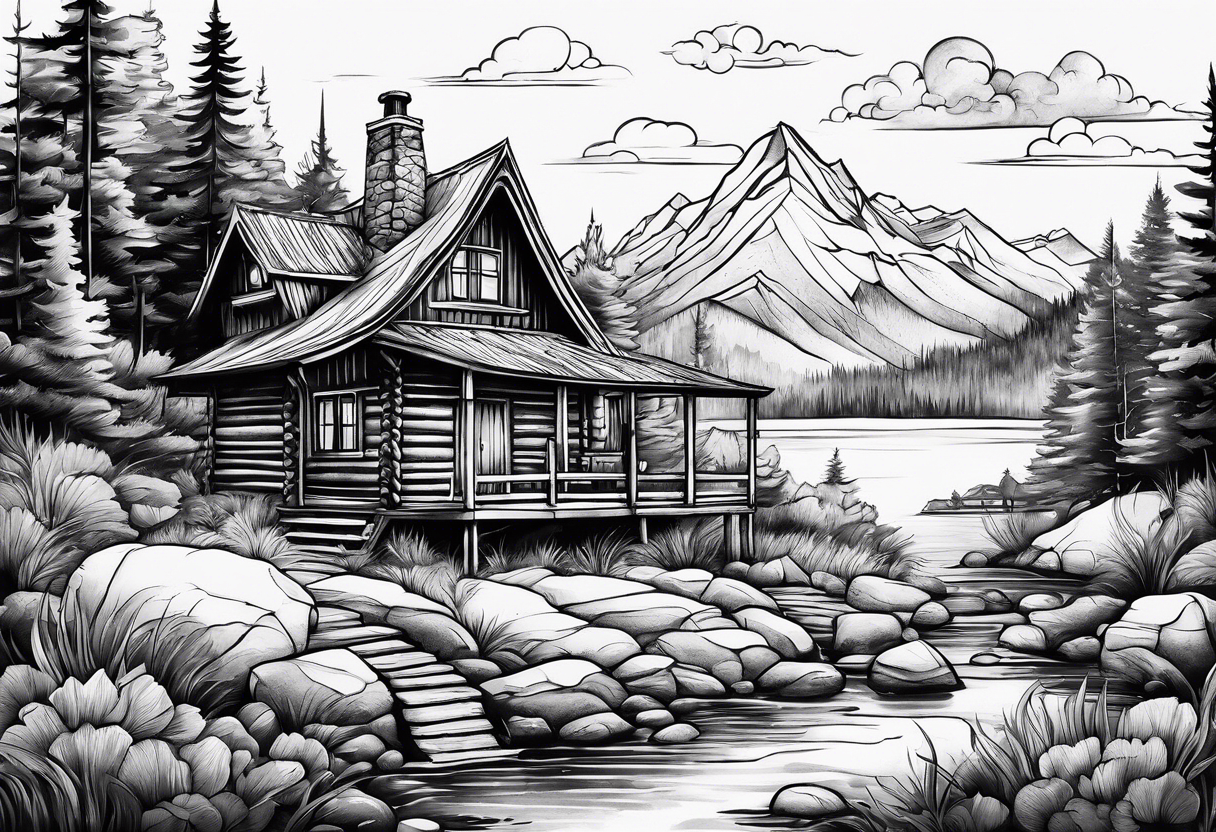 Whimsical landscape with cabin tattoo idea