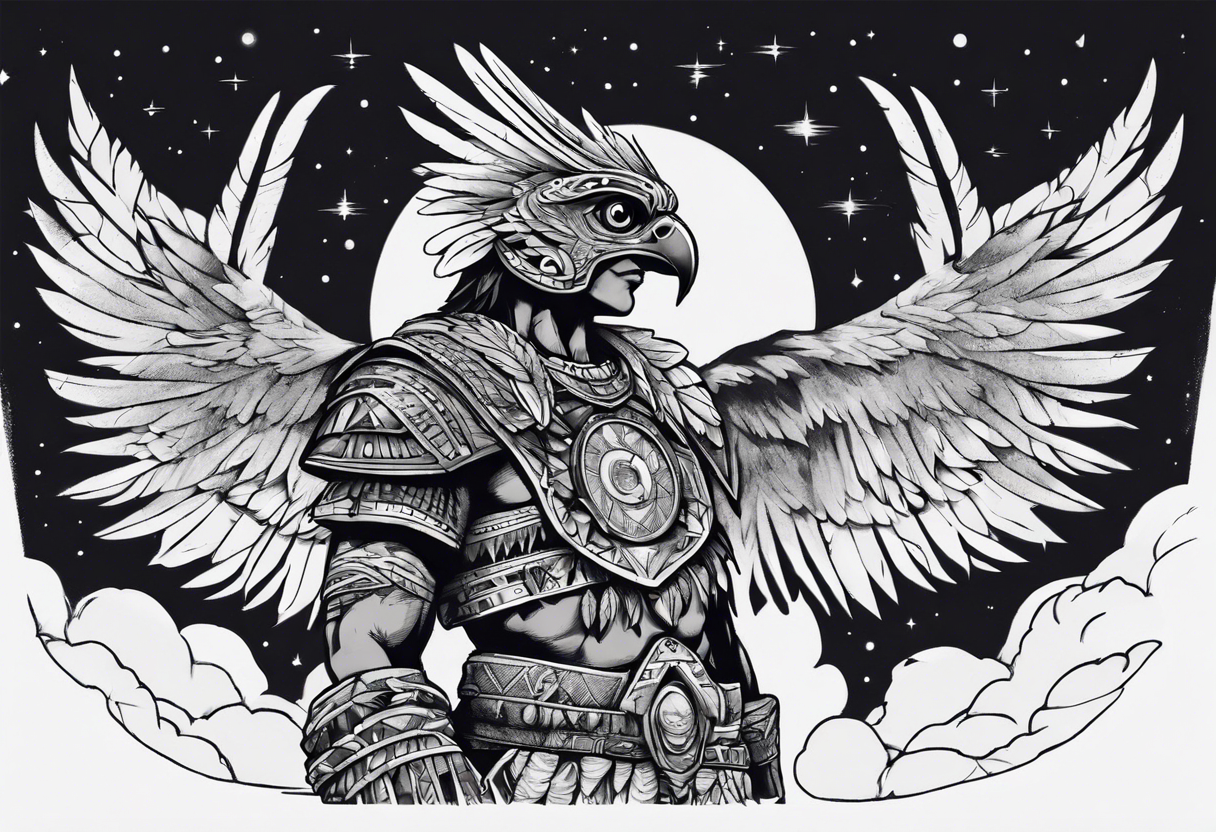 Aztec warrior gazing at the night sky in the moonlight as a harpy eagle flys by dark aesthetic tattoo idea