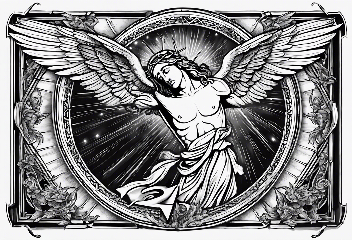 Ascension of crucified Jesus surrounded by angels and sun rays with a dove above his head and the sacred heart image on his chest. tattoo idea