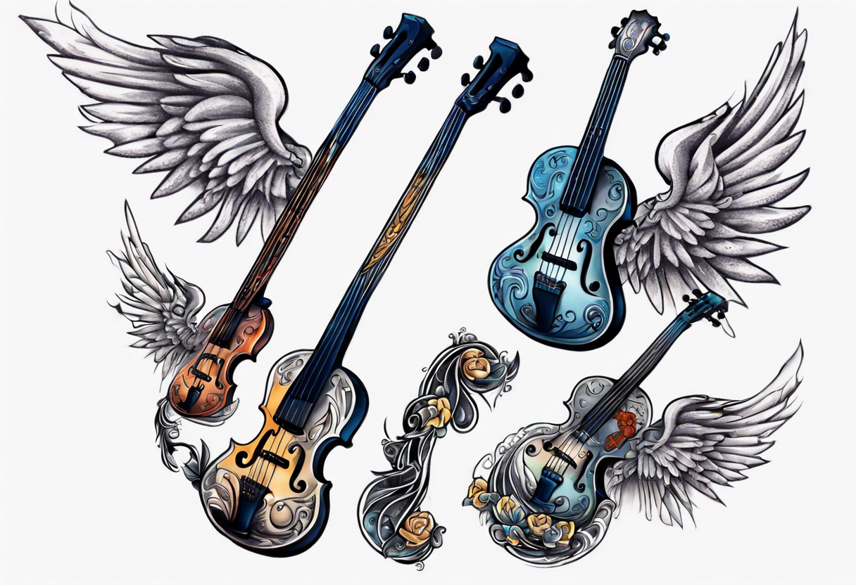 GUITAR LEANING AGAINST A VIOLIN WITH WINGS tattoo idea