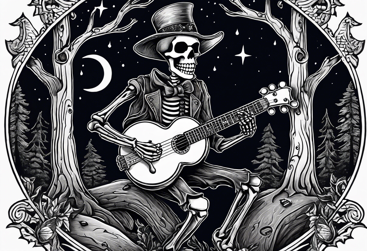 Skeleton playing banjo wearing a coal minor hat at night in the woods of west virginia around a camp fire tattoo idea