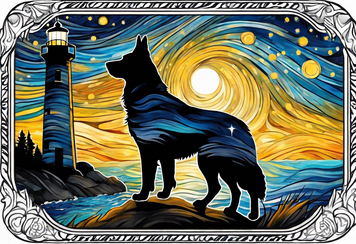 A silhouette of a german shephard, and a human male, looking up at a night sky in the style of Van Gogh Starry Night with a lighthouse in the background. Make the image twice as tall as it is wide. tattoo idea