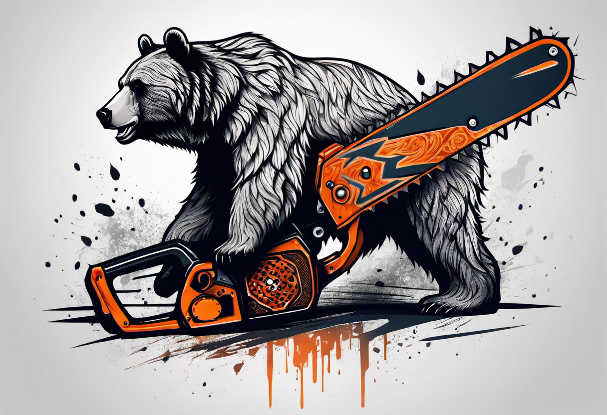 bear using a chainsaw tattoo idea