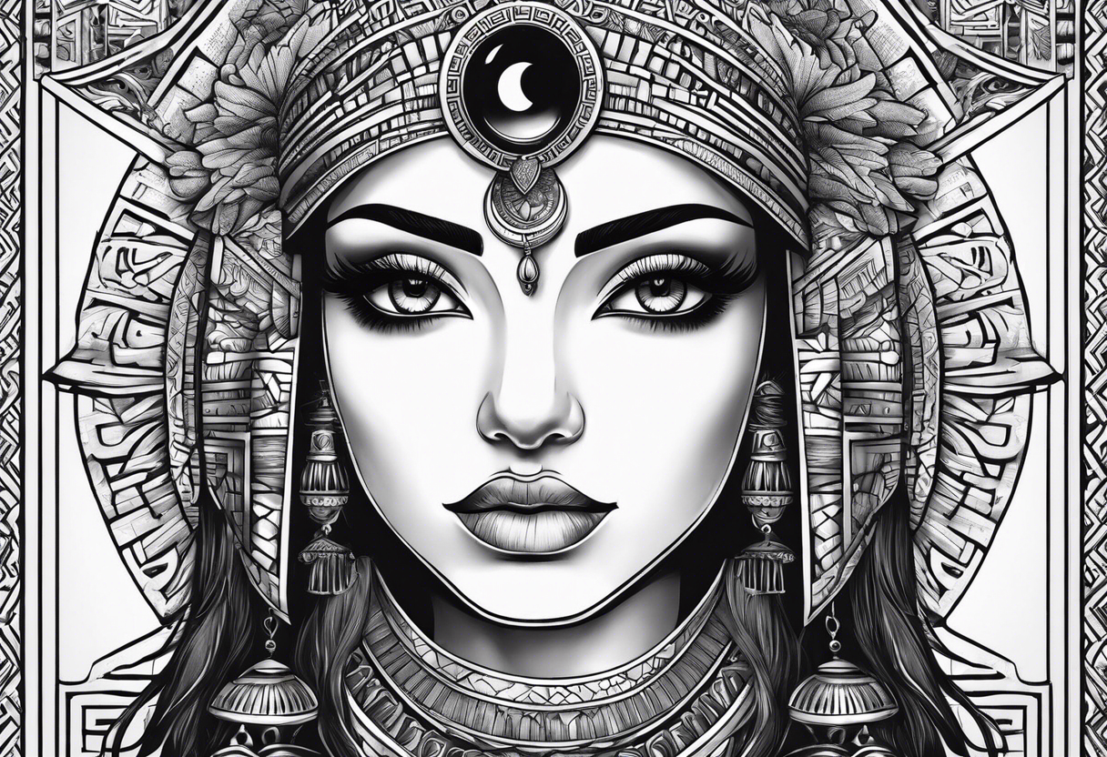 girl with eye of horus behind hierogliphlic wall tattoo idea