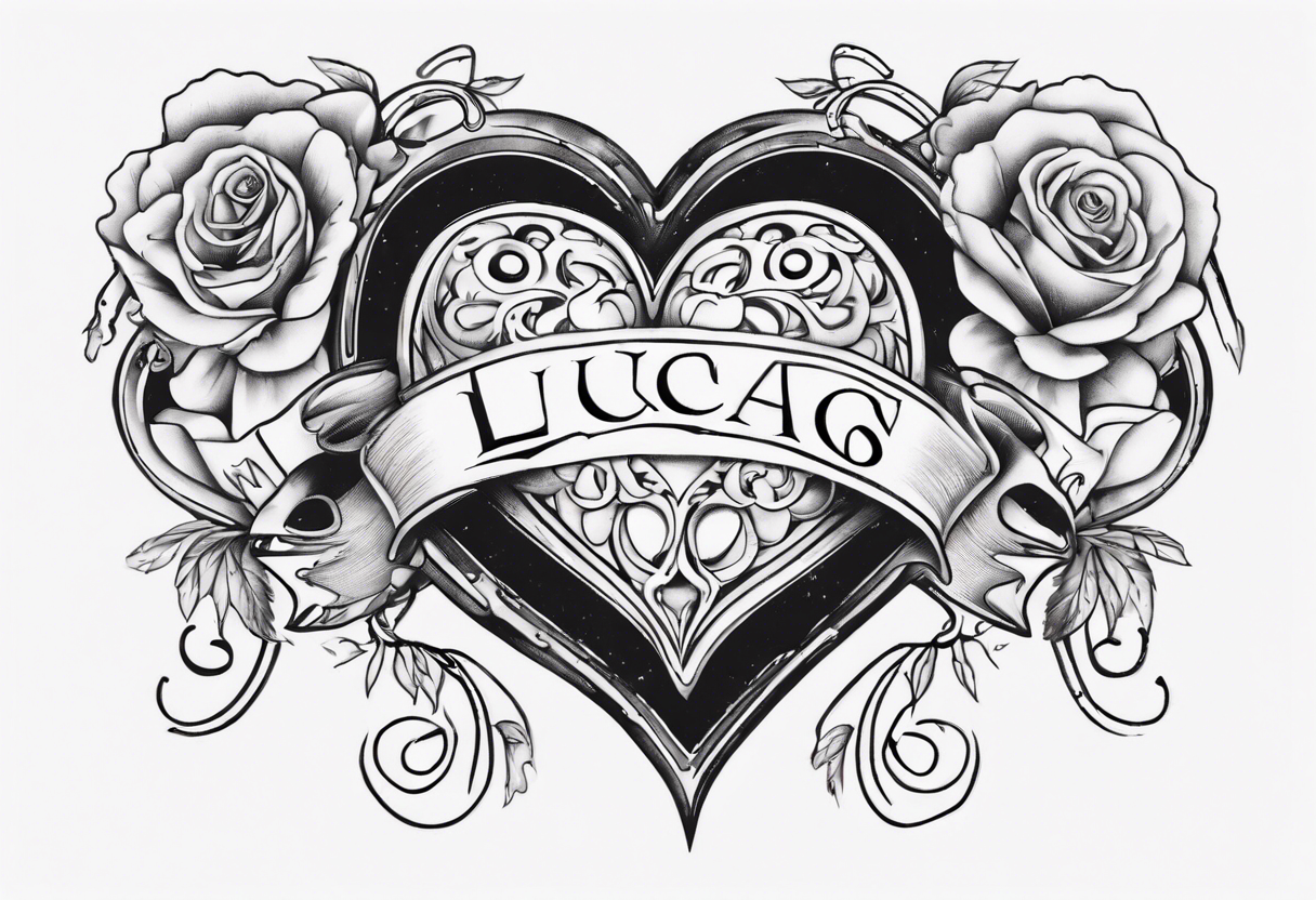 A black heart with the words Lucas and Margaret inside of it tattoo idea