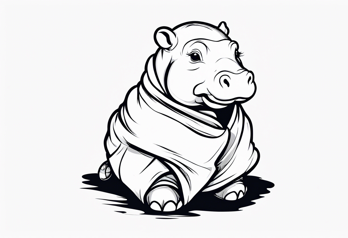 Baby hippo in a swaddle holding a weapon tattoo idea