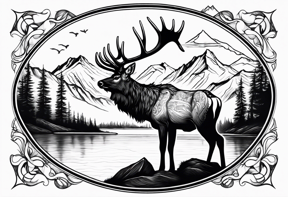 elk with mountains and lake tattoo idea