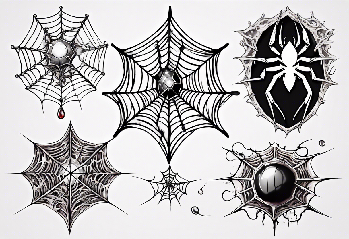 Tangled spiderweb in the shape of a jewel with blood drops and dragon spikes tattoo idea