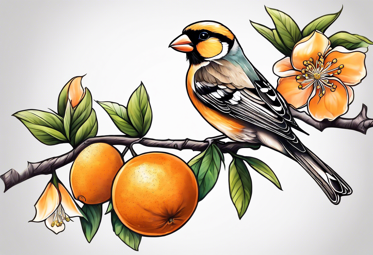 finch leaving on an orange blossom branch with its wings up tattoo idea