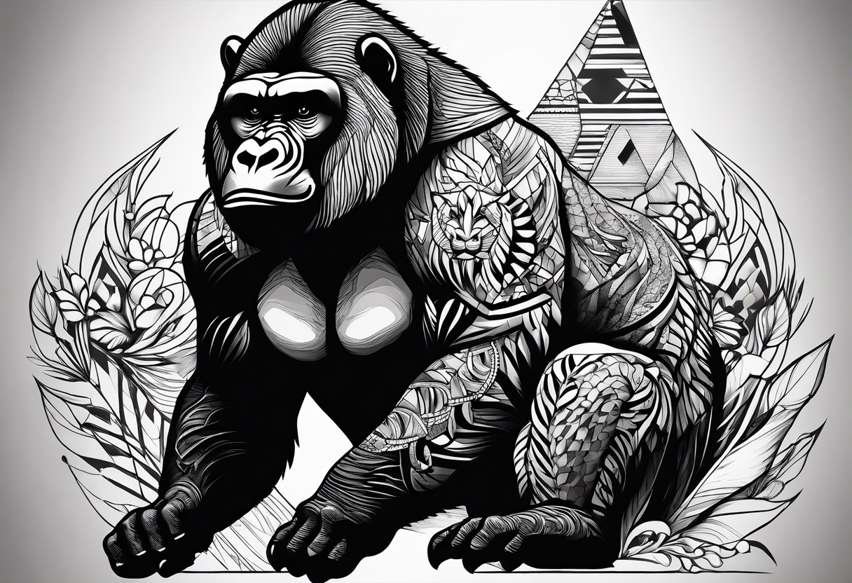 A gorilla, cheetah, rhino, rat, velociraptor, tiger and falcon tattoo idea