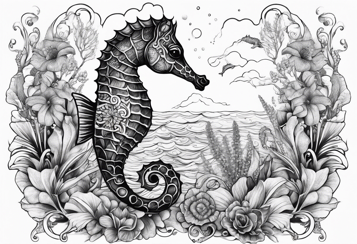 Seahorse in ocean arm tattoo with plants and sea life tattoo idea